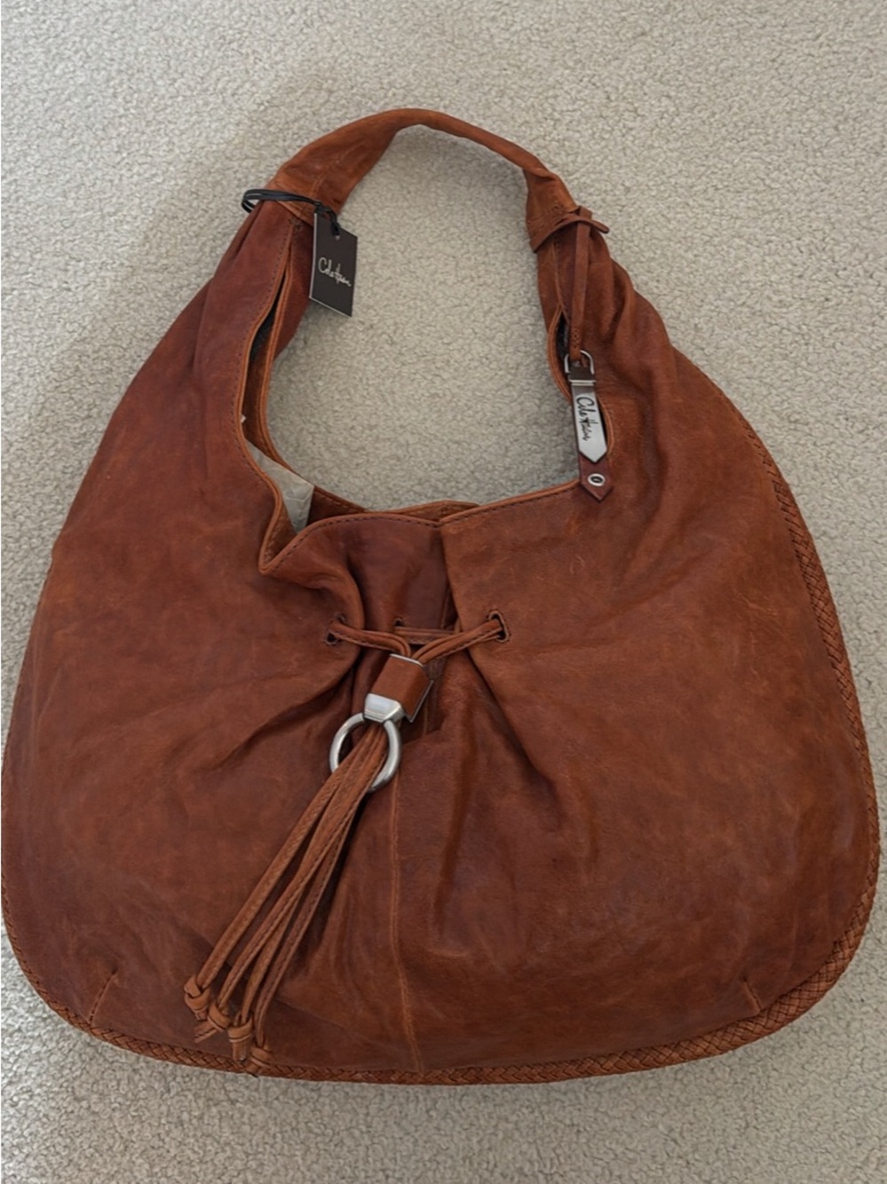 Cole Haan Cognac Brown Suede Hobo with Tassel Ring